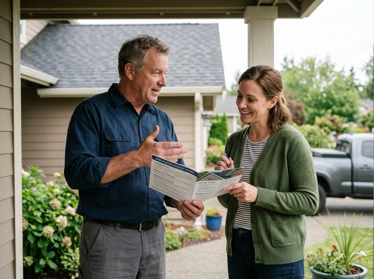 professional roofer explaining warranty options to a homeowner professional roofer explaining warranty options to a homeowner