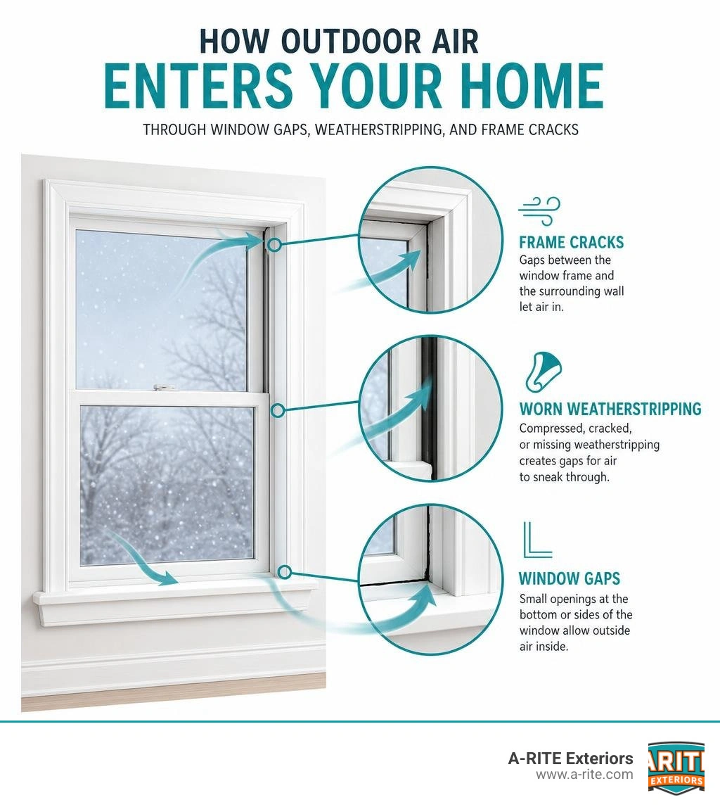 infographic showing how outdoor air enters a home through window gaps, weatherstripping, and frame cracks infographic infographic showing how outdoor air enters a home through window gaps, weatherstripping, and frame cracks infographic