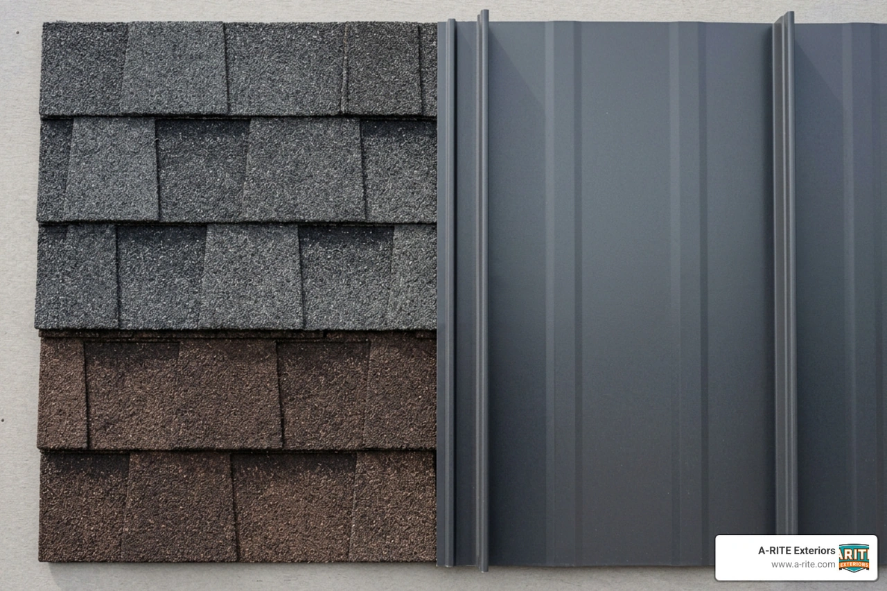 Roofing material samples including architectural asphalt shingles and standing seam metal