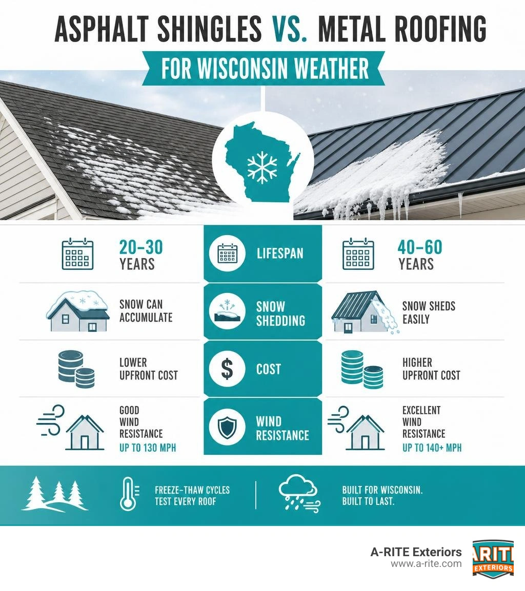 Infographic comparing asphalt shingles vs metal roofing for Wisconsin weather: lifespan, snow shedding, cost, and wind