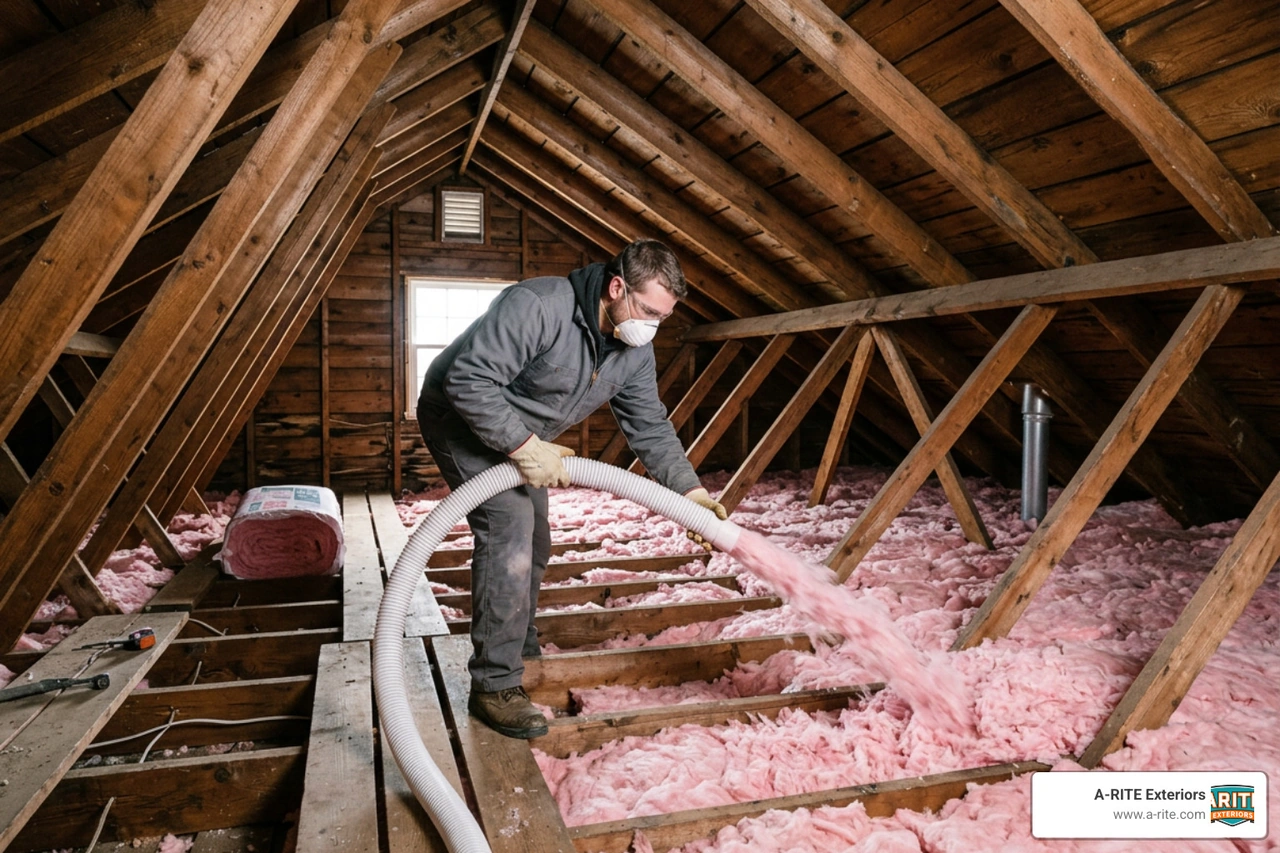 Attic insulation installation using Owens Corning AttiCat blown-in fiberglass system