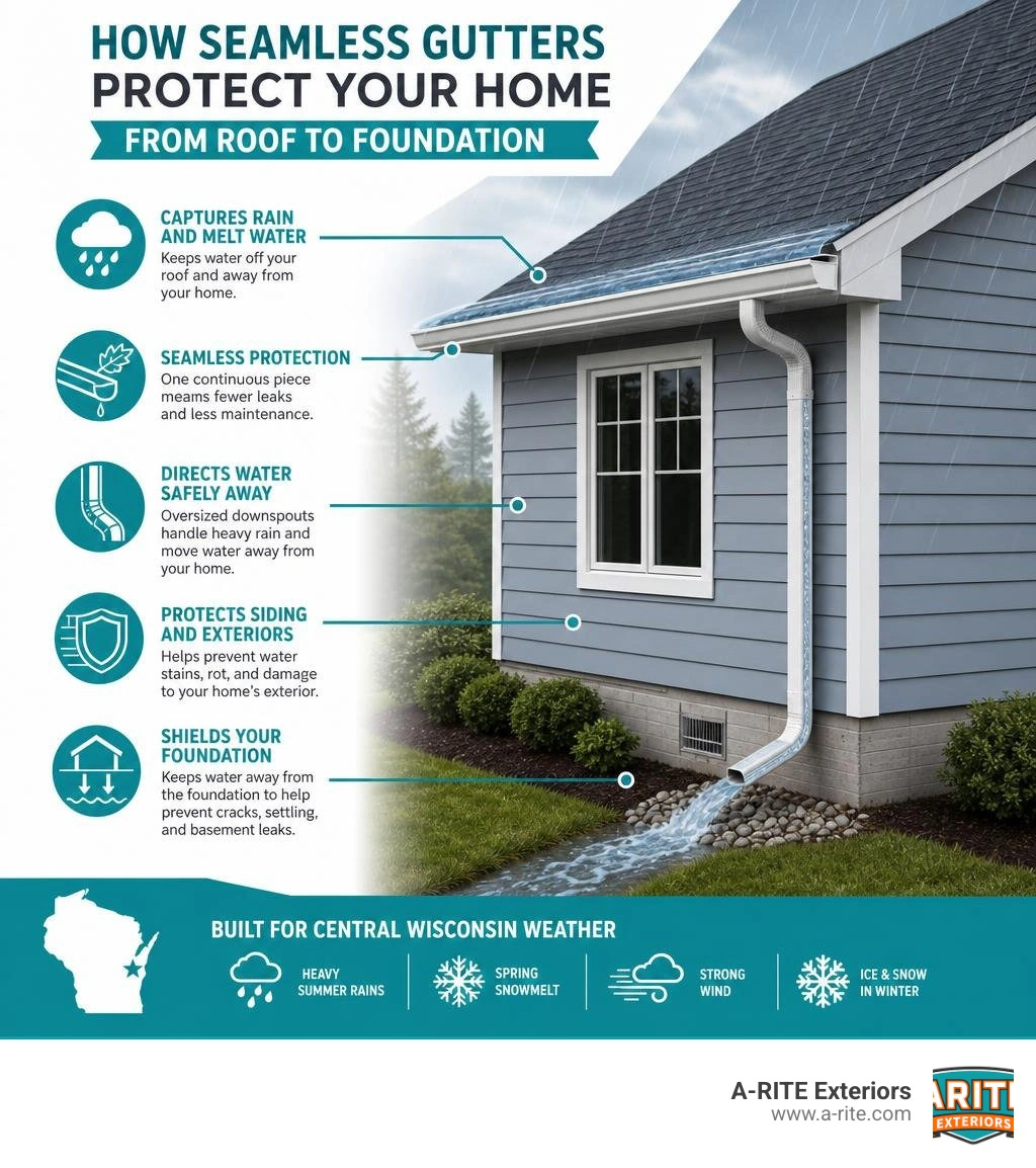 infographic showing how seamless gutters protect a home from roof to foundation in Central Wisconsin infographic