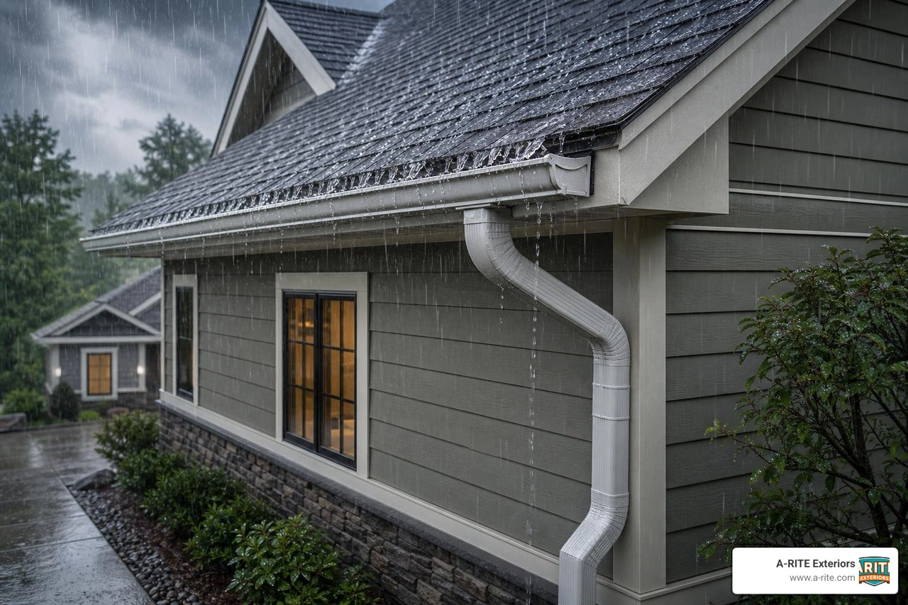 seamless gutter system managing heavy rain runoff on a home