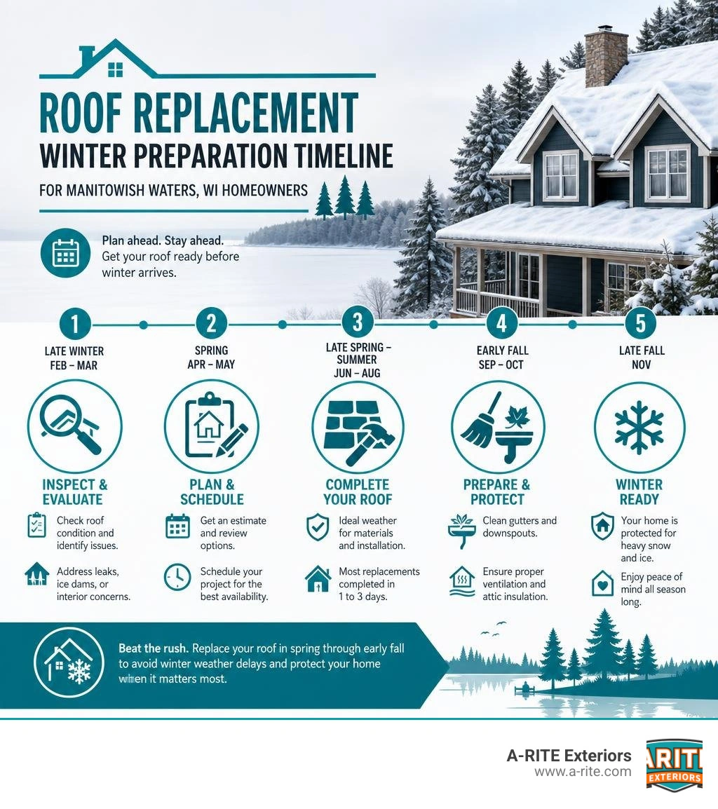 Infographic showing roof replacement winter preparation timeline for Manitowish Waters WI homeowners infographic