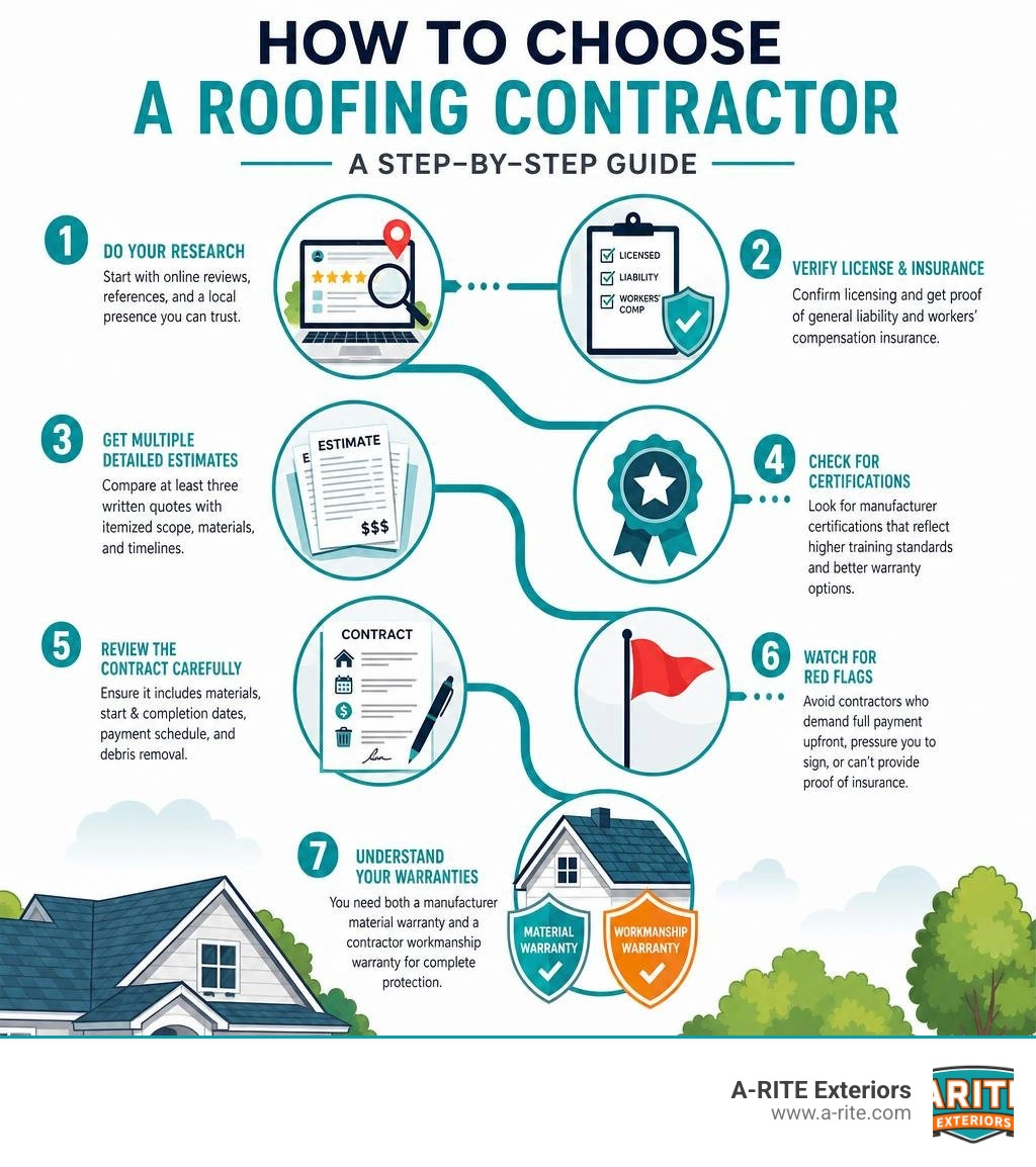 Step-by-step infographic showing how to choose a roofing contractor from research to contract signing infographic Step-by-step infographic showing how to choose a roofing contractor from research to contract signing infographic