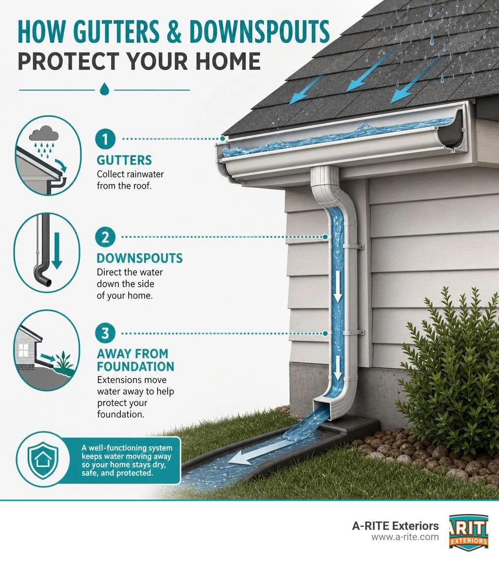 Infographic showing how gutters collect roof runoff and downspouts direct water away from foundation infographic