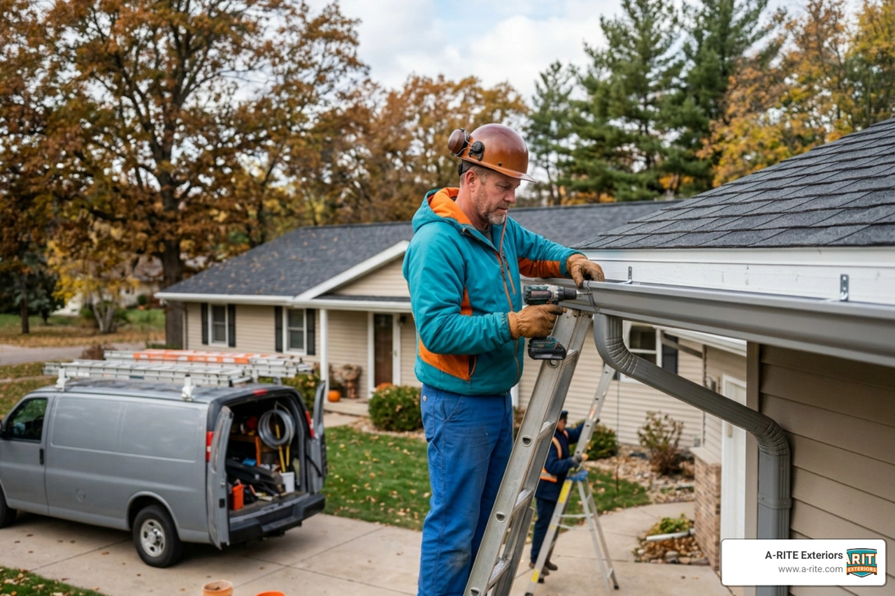 Professional gutter installer mounting seamless aluminum gutters to a residential fascia board