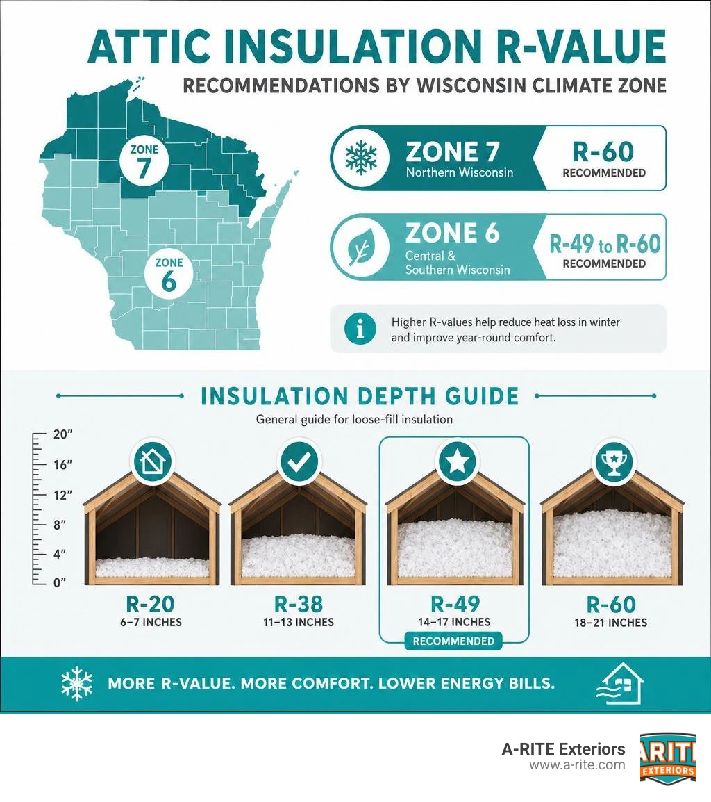 infographic showing R-value recommendations by Wisconsin climate zone for attic insulation with depth guide infographic infographic showing R-value recommendations by Wisconsin climate zone for attic insulation with depth guide infographic