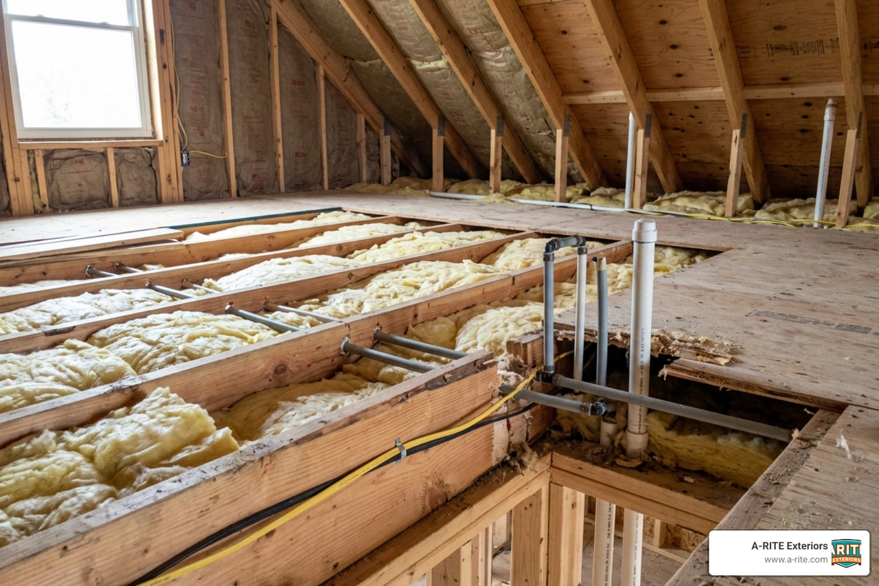 attic floor joists showing plumbing penetrations and common air leak locations attic floor joists showing plumbing penetrations and common air leak locations