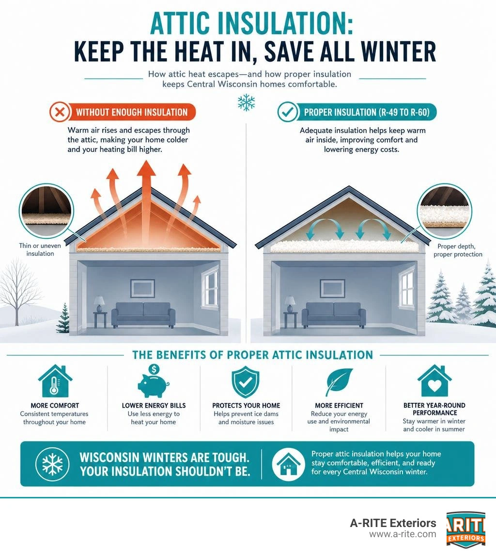 Infographic showing how attic heat escapes in winter and how proper insulation levels help Central Wisconsin homes stay Infographic showing how attic heat escapes in winter and how proper insulation levels help Central Wisconsin homes stay