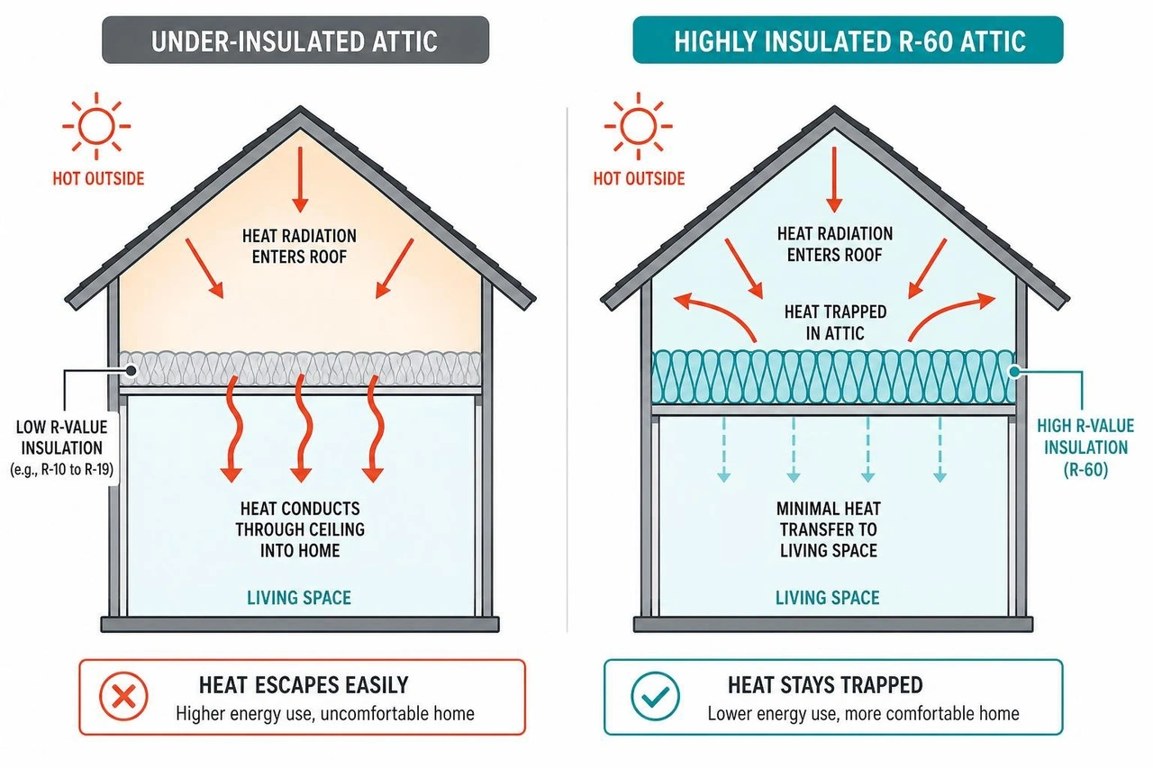 Diagram showing how heat escapes an under-insulated attic vs staying trapped in a highly insulated R-60 attic