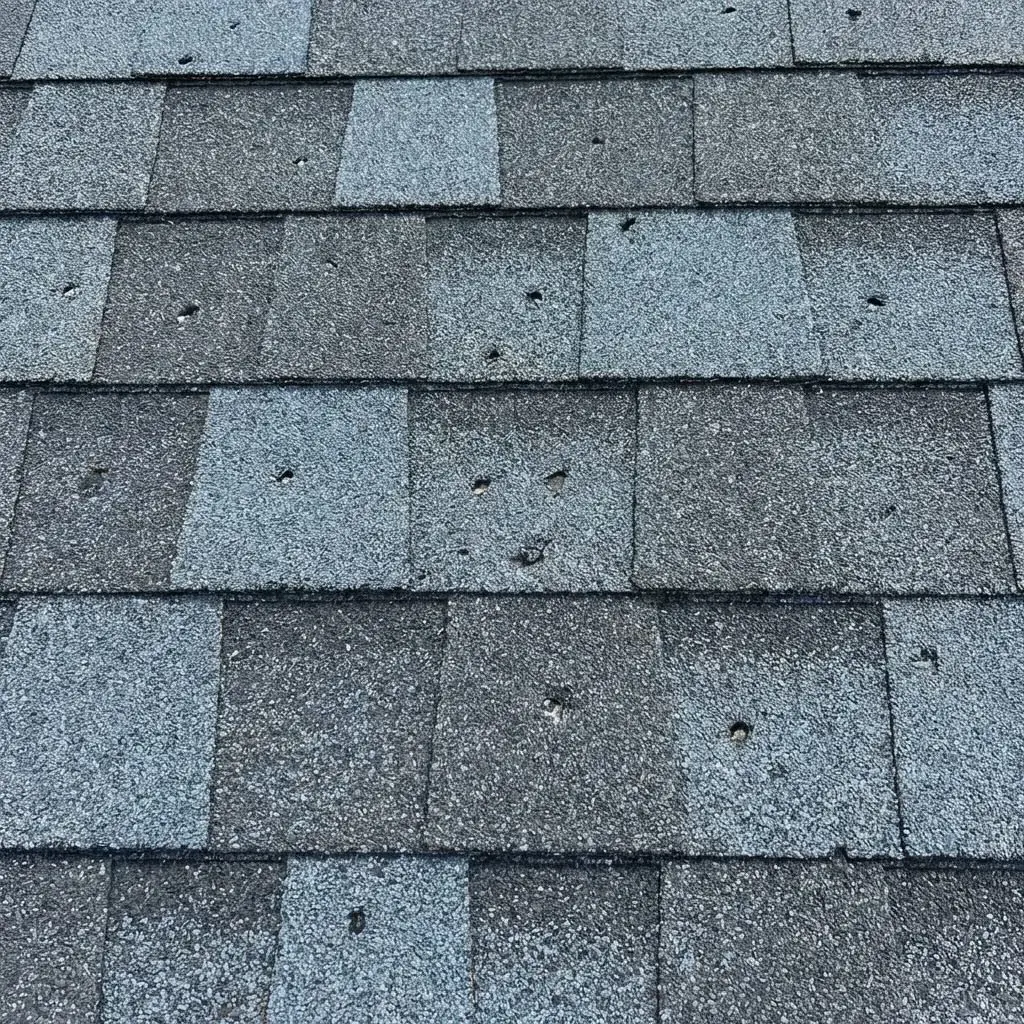 Roof damaged by hail in Wausau showing bruised asphalt shingles Roof damaged by hail in Wausau showing bruised asphalt shingles