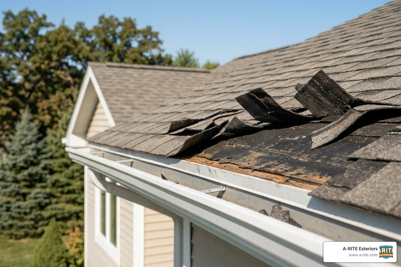 photograph showing peeled shingles and exposed underlayment at the edge of a roof photograph showing peeled shingles and exposed underlayment at the edge of a roof