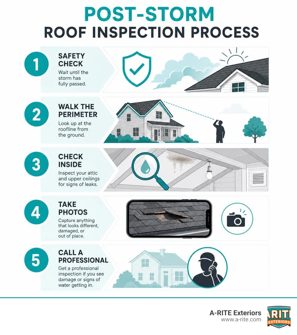 Post-storm roof inspection process infographic showing 5 steps from safety check to professional call infographic Post-storm roof inspection process infographic showing 5 steps from safety check to professional call infographic