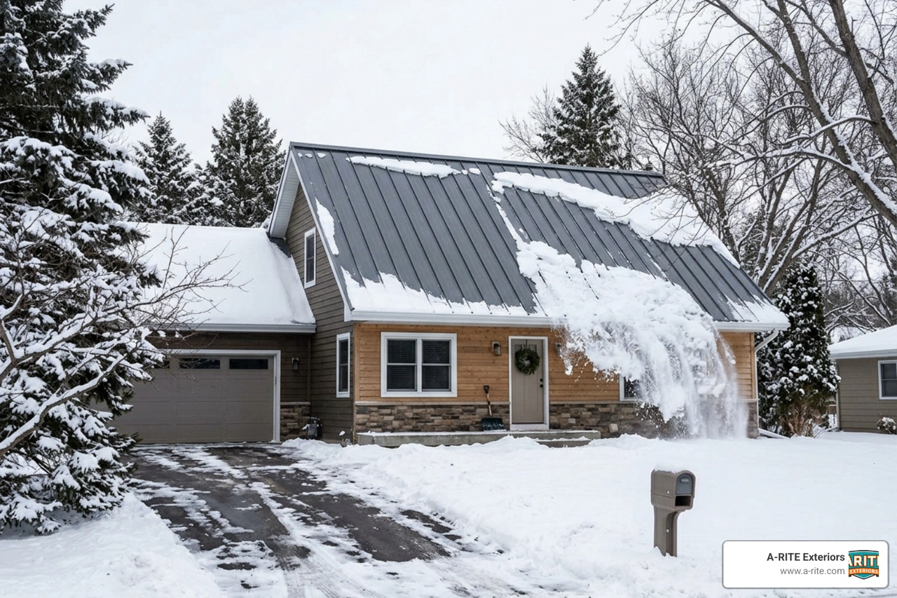 Durable standing-seam metal roof shedding heavy snow in winter Durable standing-seam metal roof shedding heavy snow in winter
