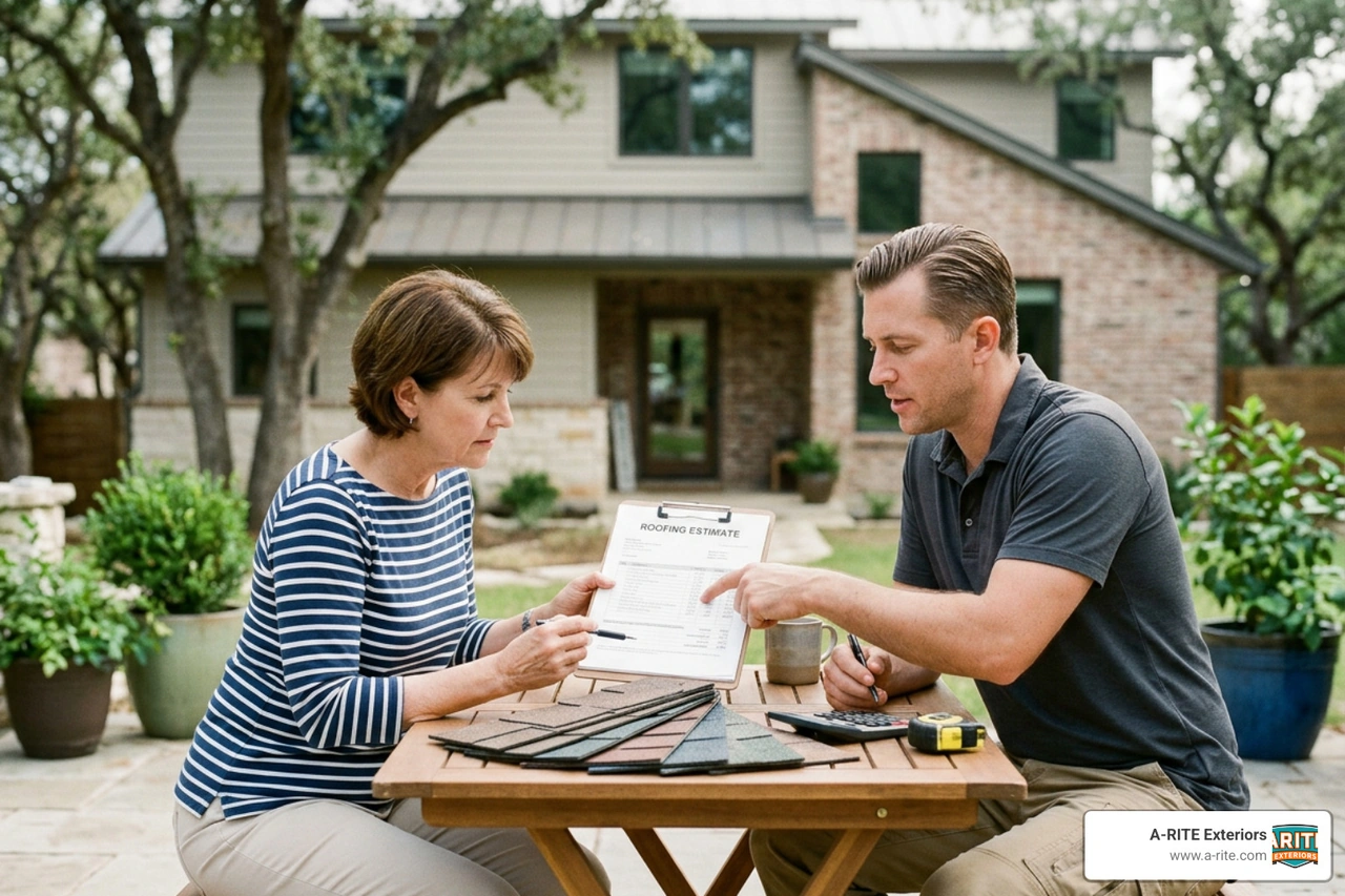 Homeowner reviewing a detailed roofing estimate with a professional contractor Homeowner reviewing a detailed roofing estimate with a professional contractor