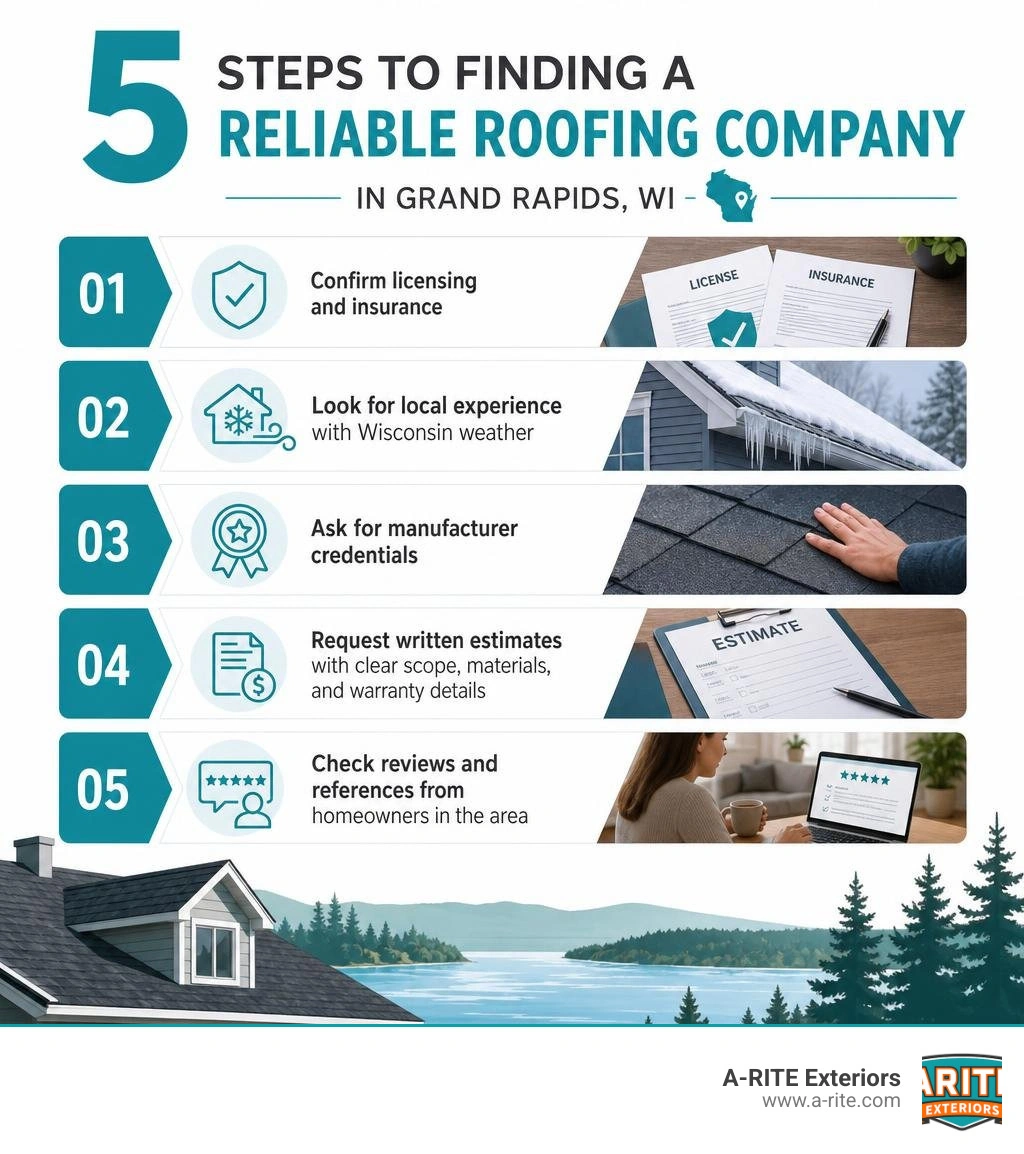 Infographic showing 5 steps to finding a reliable roofing company in Grand Rapids WI infographic Infographic showing 5 steps to finding a reliable roofing company in Grand Rapids WI infographic
