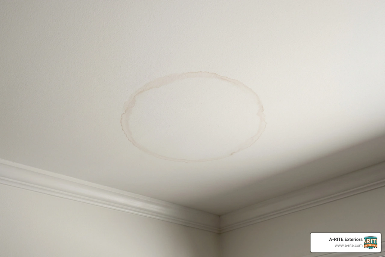 Ceiling water stain showing faint copper-colored rings from a hidden roof leak