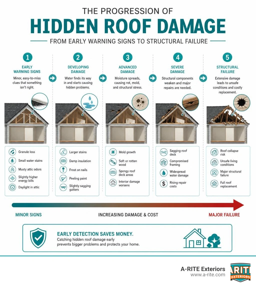 Infographic showing the progression of hidden roof damage from early warning signs to structural failure infographic