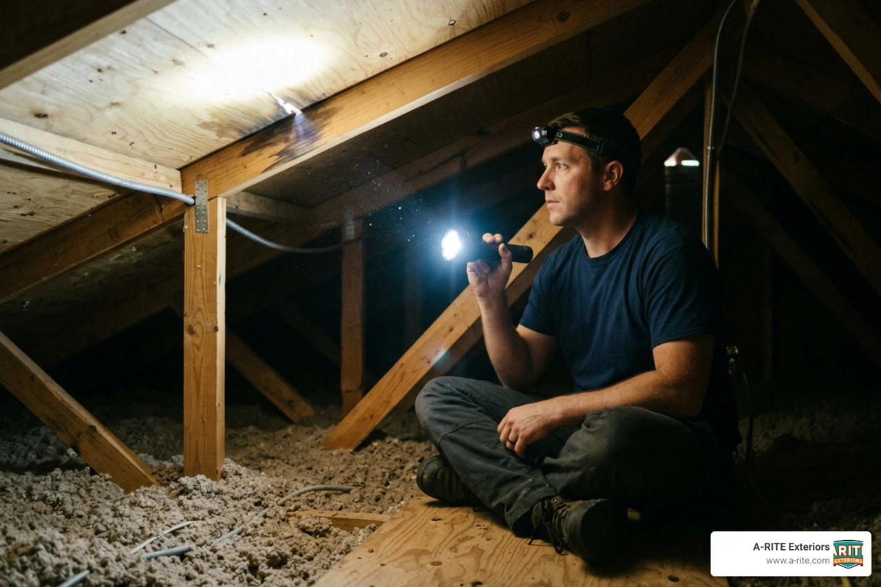 Attic inspection using a high-powered flashlight to detect signs of hidden roof damage Attic inspection using a high-powered flashlight to detect signs of hidden roof damage