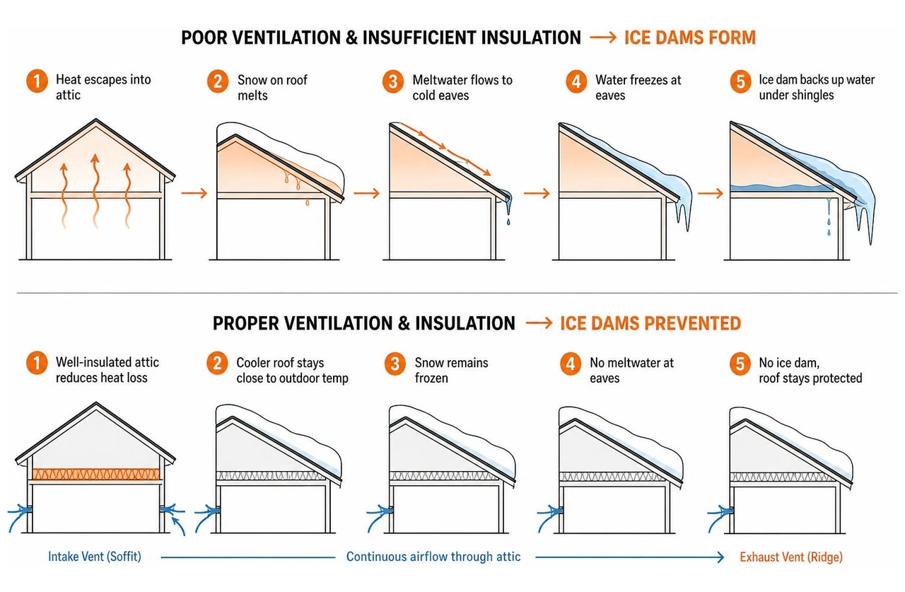 Diagram illustrating how attic ventilation and insulation prevent ice dams Diagram illustrating how attic ventilation and insulation prevent ice dams