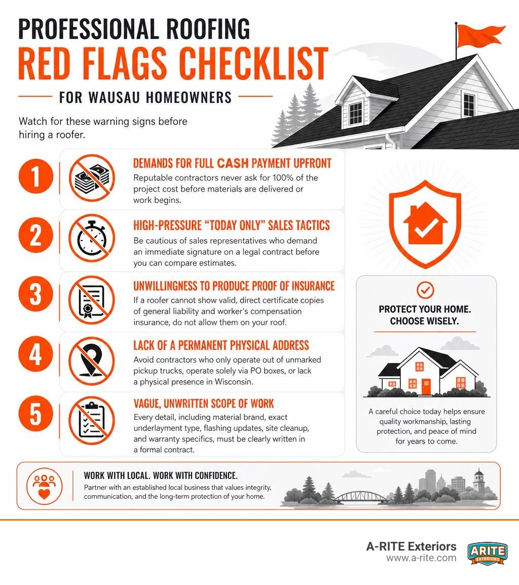 Professional roofing red flags checklist for Wausau homeowners infographic Professional roofing red flags checklist for Wausau homeowners infographic