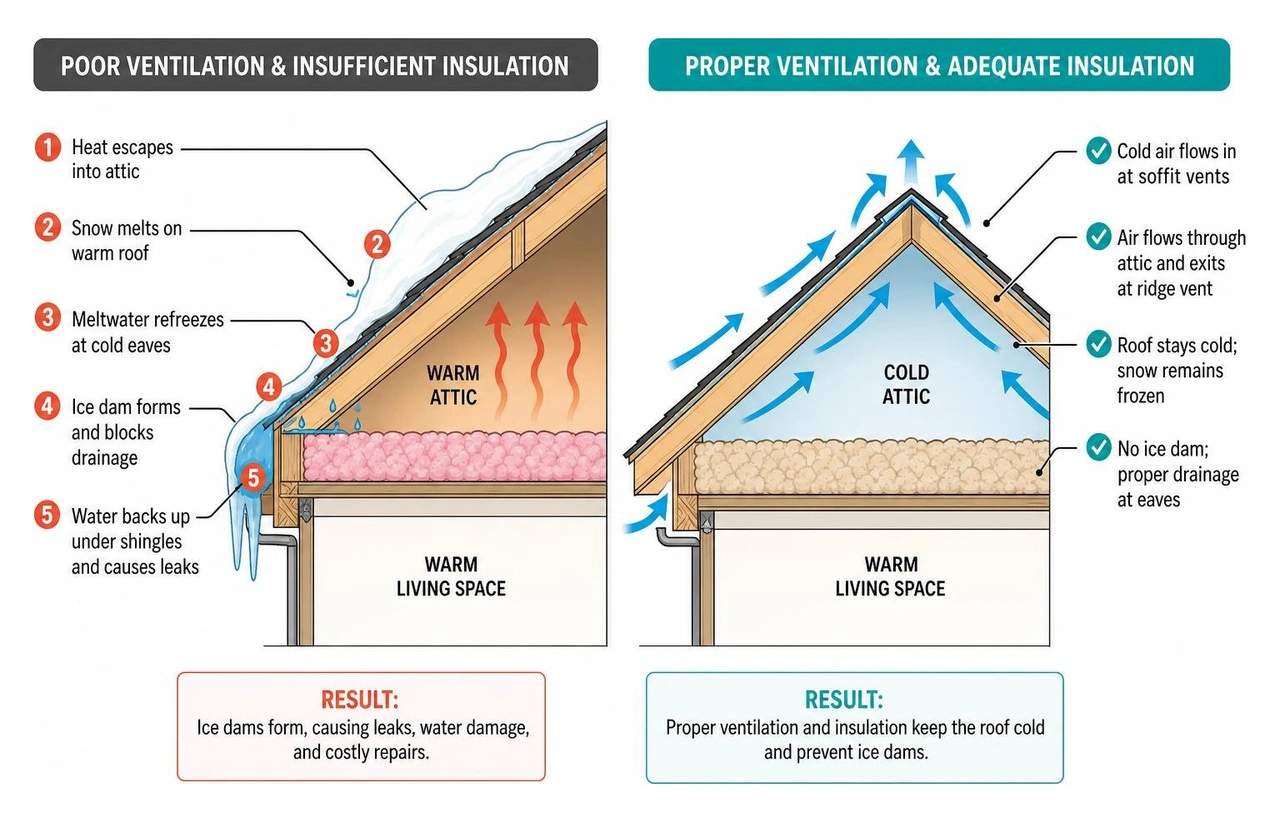 Diagram showing how proper attic ventilation and insulation prevent ice dams Diagram showing how proper attic ventilation and insulation prevent ice dams