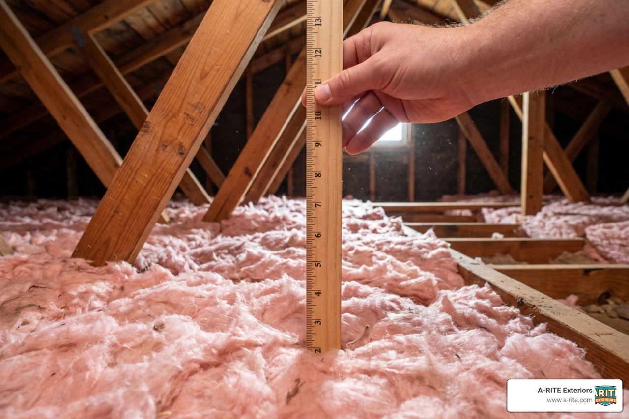 Attic insulation depth measurement using a ruler in loose-fill fiberglass Attic insulation depth measurement using a ruler in loose-fill fiberglass
