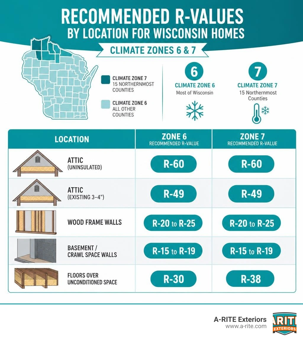 Infographic showing recommended R-values by location for Wisconsin homes in Climate Zones 6 and 7 infographic Infographic showing recommended R-values by location for Wisconsin homes in Climate Zones 6 and 7 infographic