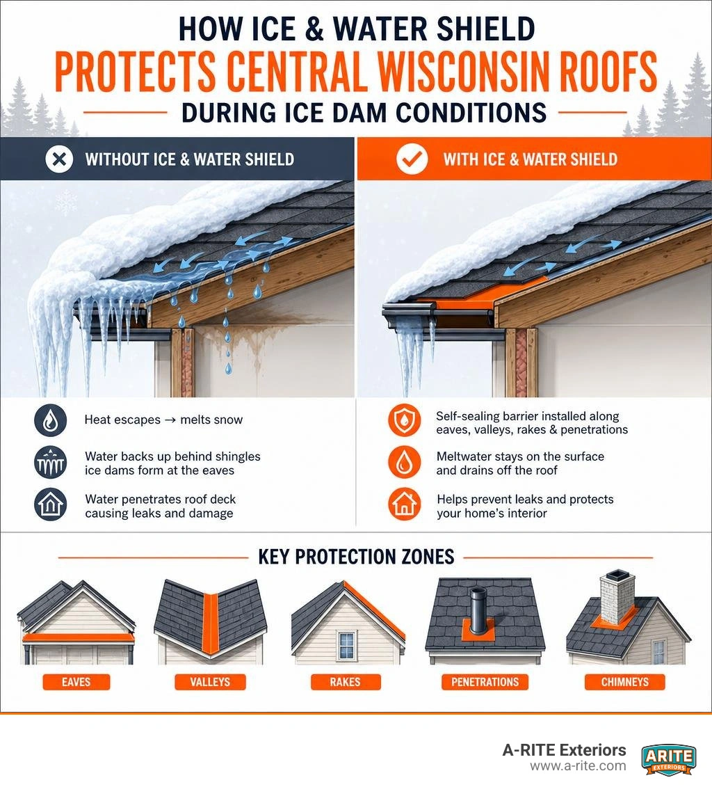 infographic explaining how ice and water shield protects Central Wisconsin roofs during ice dam conditions infographic infographic explaining how ice and water shield protects Central Wisconsin roofs during ice dam conditions infographic