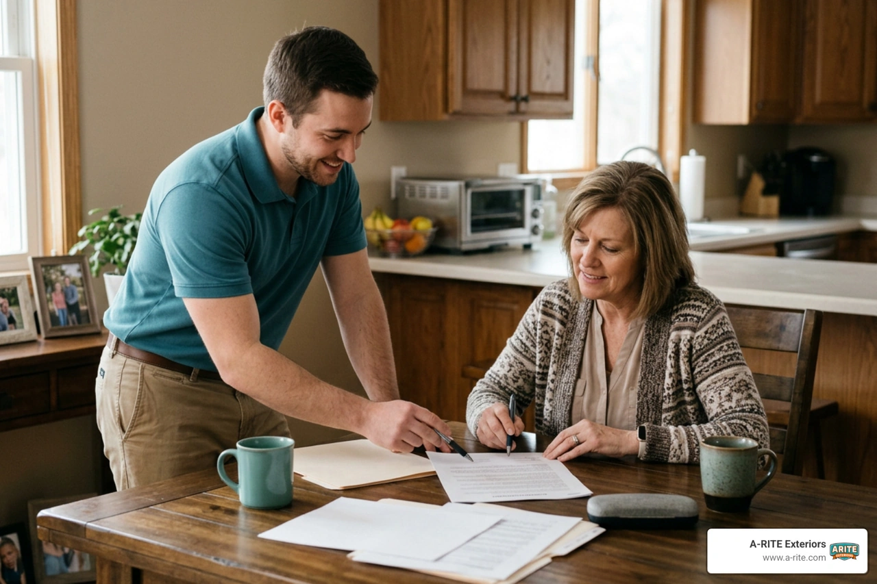 homeowner reviewing a written roofing contract with a professional local coordinator homeowner reviewing a written roofing contract with a professional local coordinator