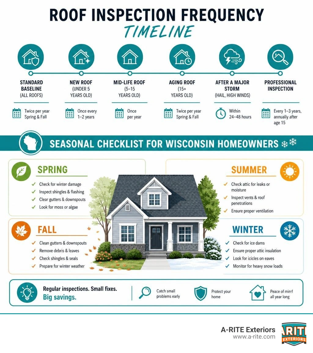 Roof inspection frequency timeline infographic with seasonal checklist for Wisconsin homeowners infographic Roof inspection frequency timeline infographic with seasonal checklist for Wisconsin homeowners infographic