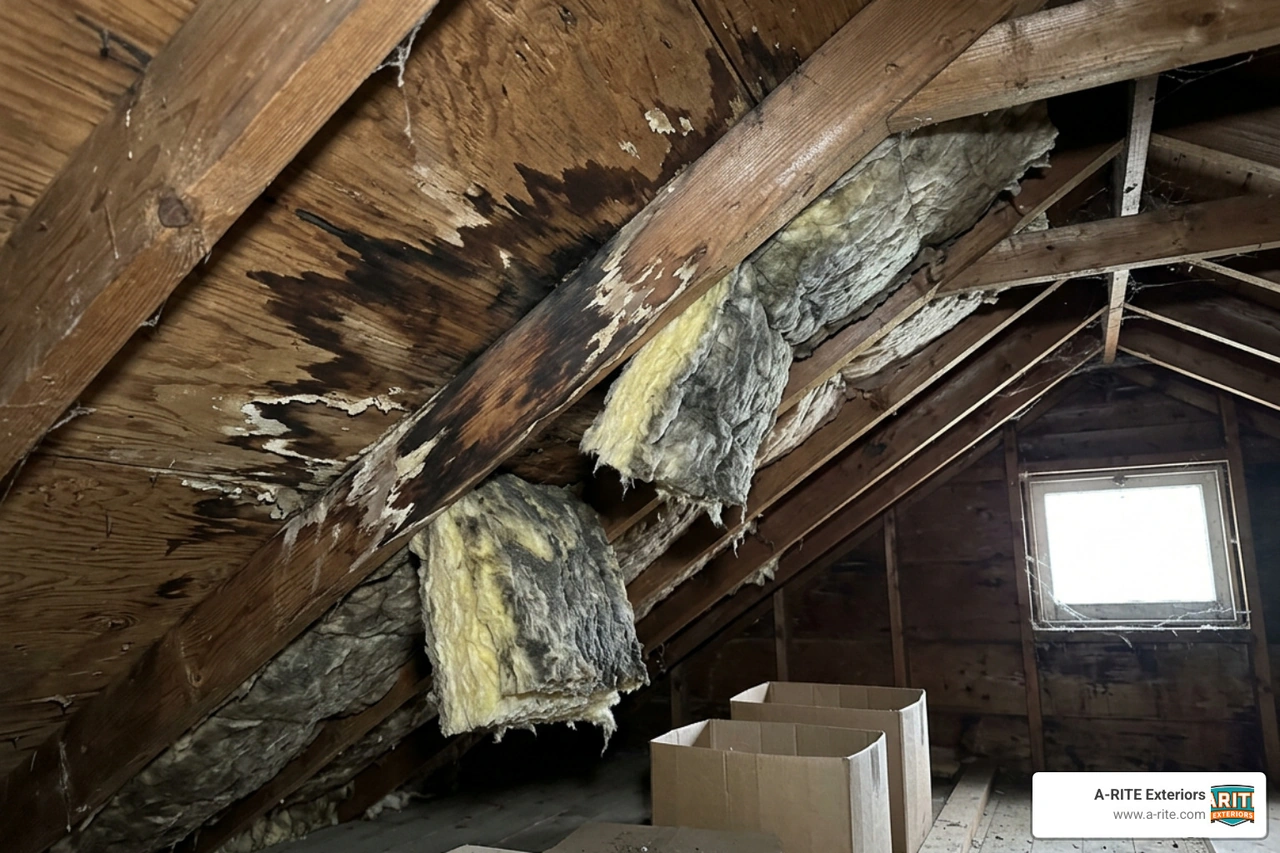 Water damage on an attic ceiling caused by a neglected roof leak Water damage on an attic ceiling caused by a neglected roof leak