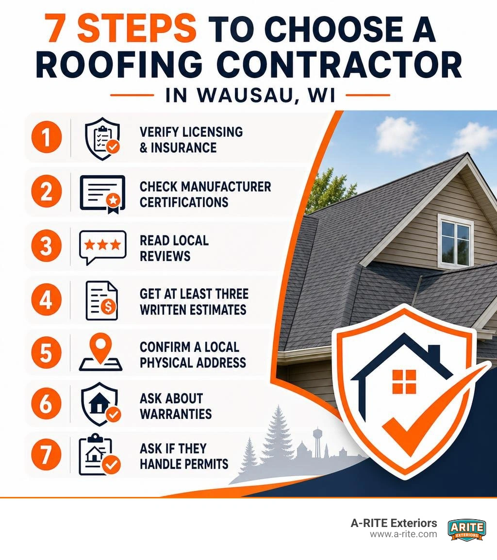 infographic showing 7 steps to choose a roofing contractor in Wausau WI including licensing insurance certifications reviews infographic showing 7 steps to choose a roofing contractor in Wausau WI including licensing insurance certifications reviews