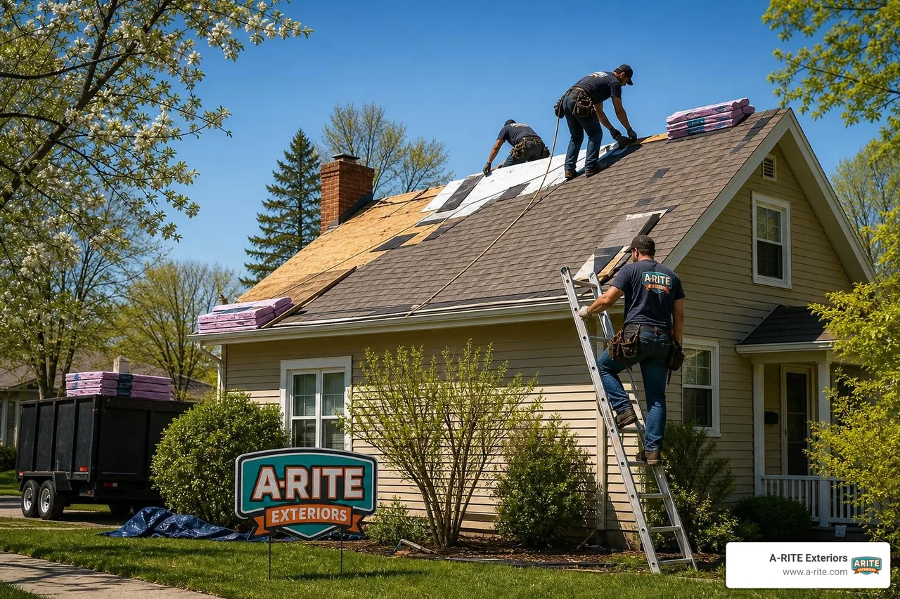 A-RITE Exteriors roofing crew replacing a residential roof in Wausau during late spring A-RITE Exteriors roofing crew replacing a residential roof in Wausau during late spring