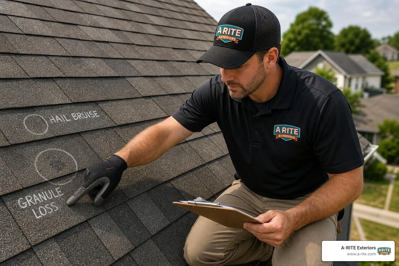 A-RITE Exteriors inspector pointing out hail bruises and granule loss on an asphalt shingle roof A-RITE Exteriors inspector pointing out hail bruises and granule loss on an asphalt shingle roof