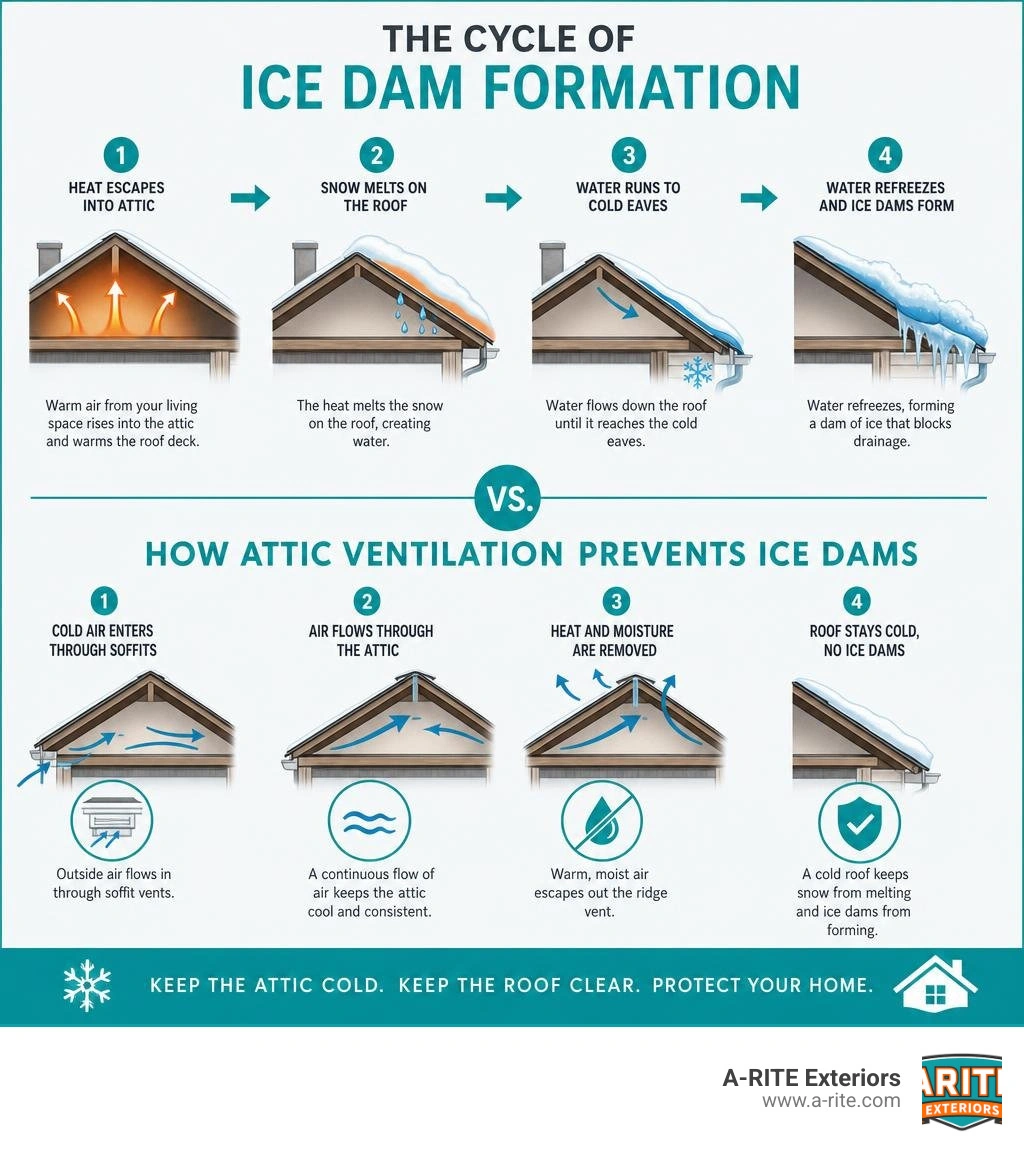 cycle of ice dam formation and how attic ventilation prevents it infographic cycle of ice dam formation and how attic ventilation prevents it infographic