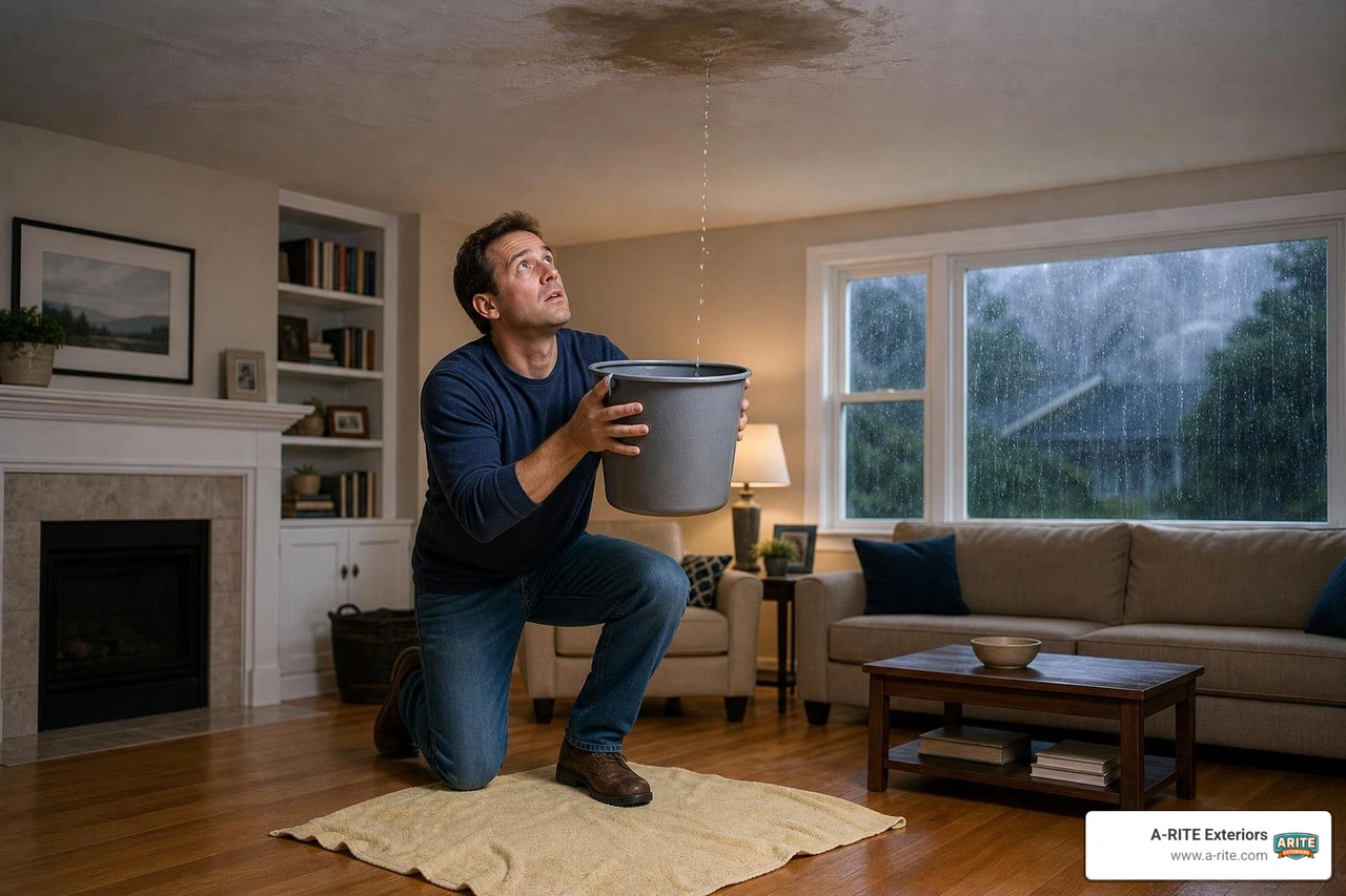 A homeowner placing a bucket under an active ceiling leak during a heavy rainstorm