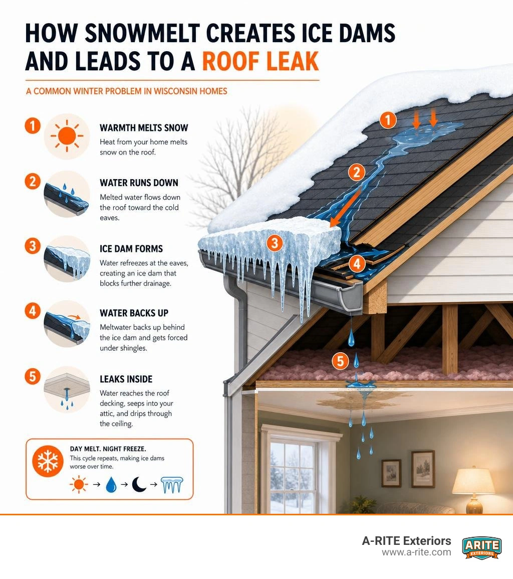infographic showing how snowmelt creates ice dams and leads to a roof leak in a Wisconsin home infographic