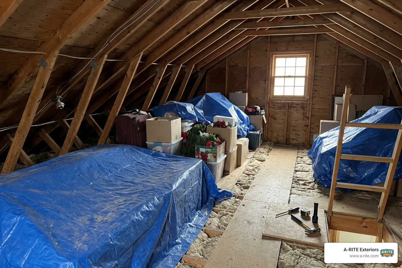 attic space covered with protective plastic tarps for roofing work attic space covered with protective plastic tarps for roofing work