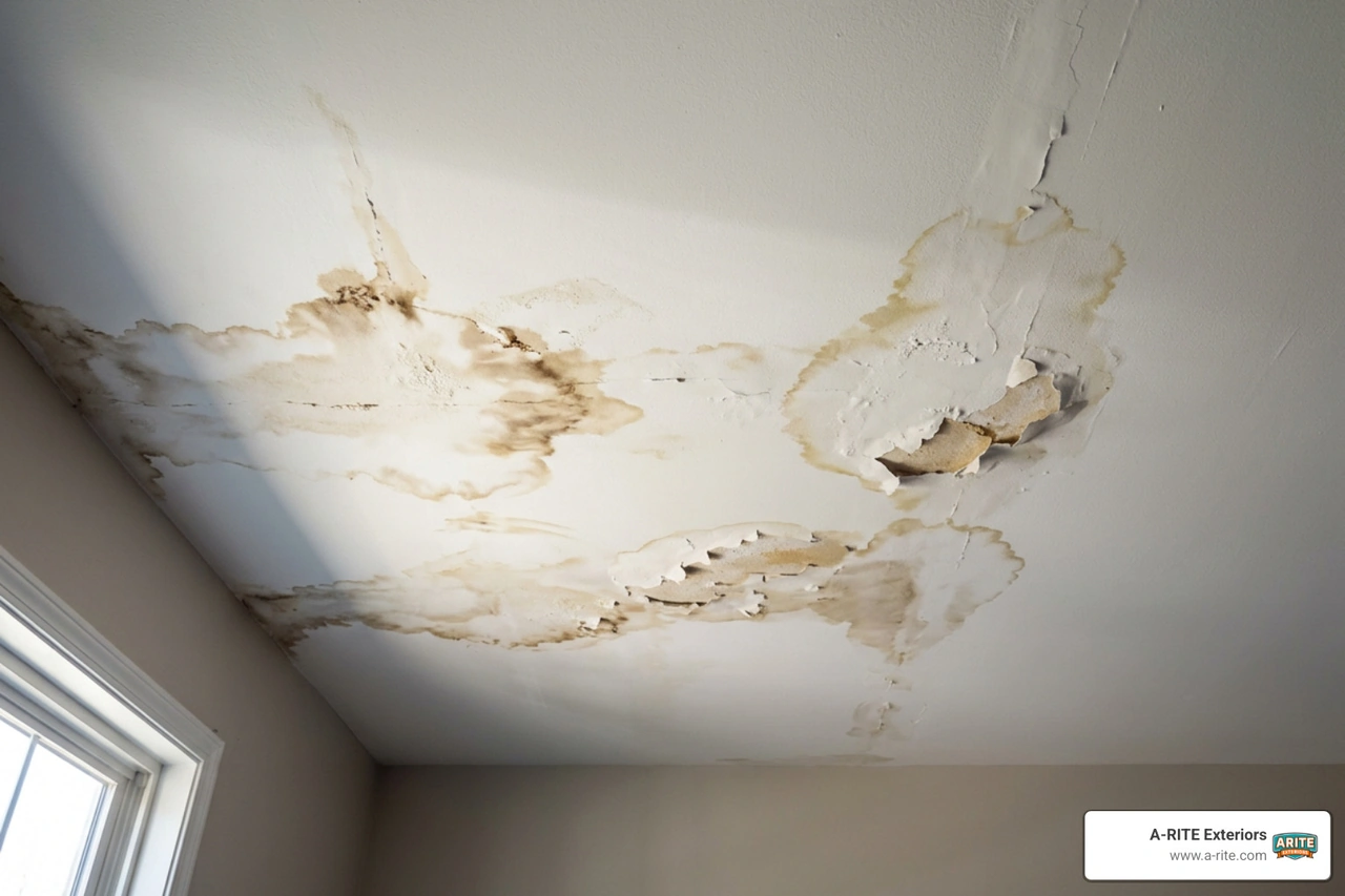 Water stain damage on interior ceiling caused by widespread roof leaks Water stain damage on interior ceiling caused by widespread roof leaks
