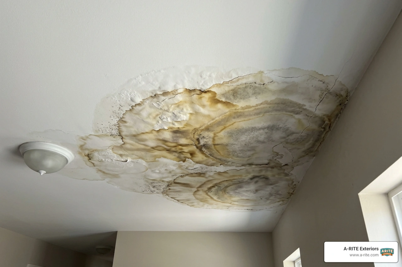 Water damage stains spreading across interior drywall ceiling caused by long-term hidden roof leak Water damage stains spreading across interior drywall ceiling caused by long-term hidden roof leak