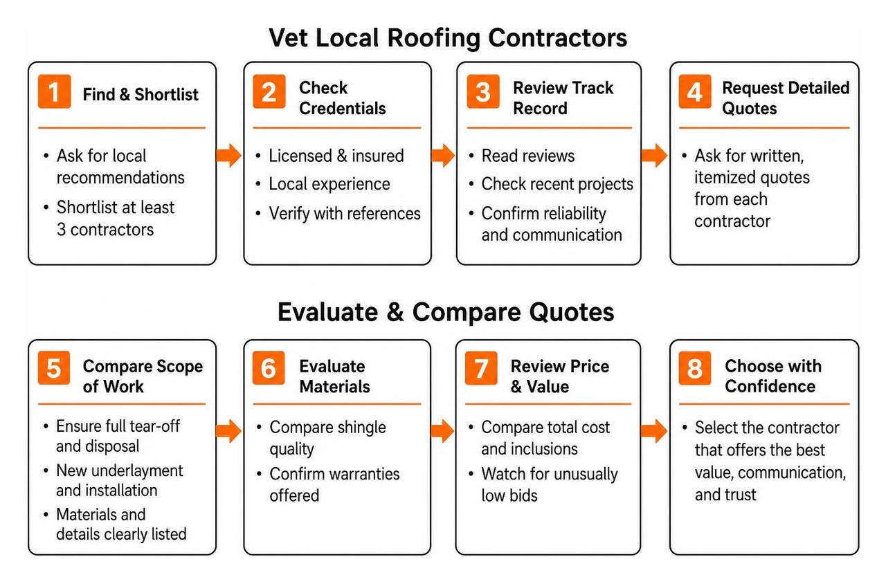 Comparison diagram showing key steps to vetting local roofing contractors and evaluating quotes Comparison diagram showing key steps to vetting local roofing contractors and evaluating quotes