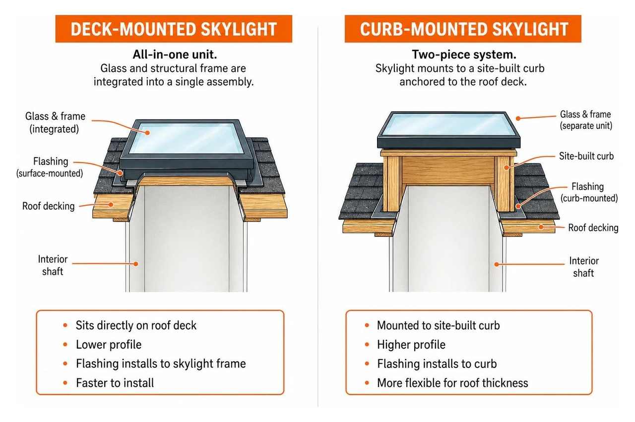 side-by-side technical diagram showing structural differences between deck-mounted and curb-mounted skylight frames