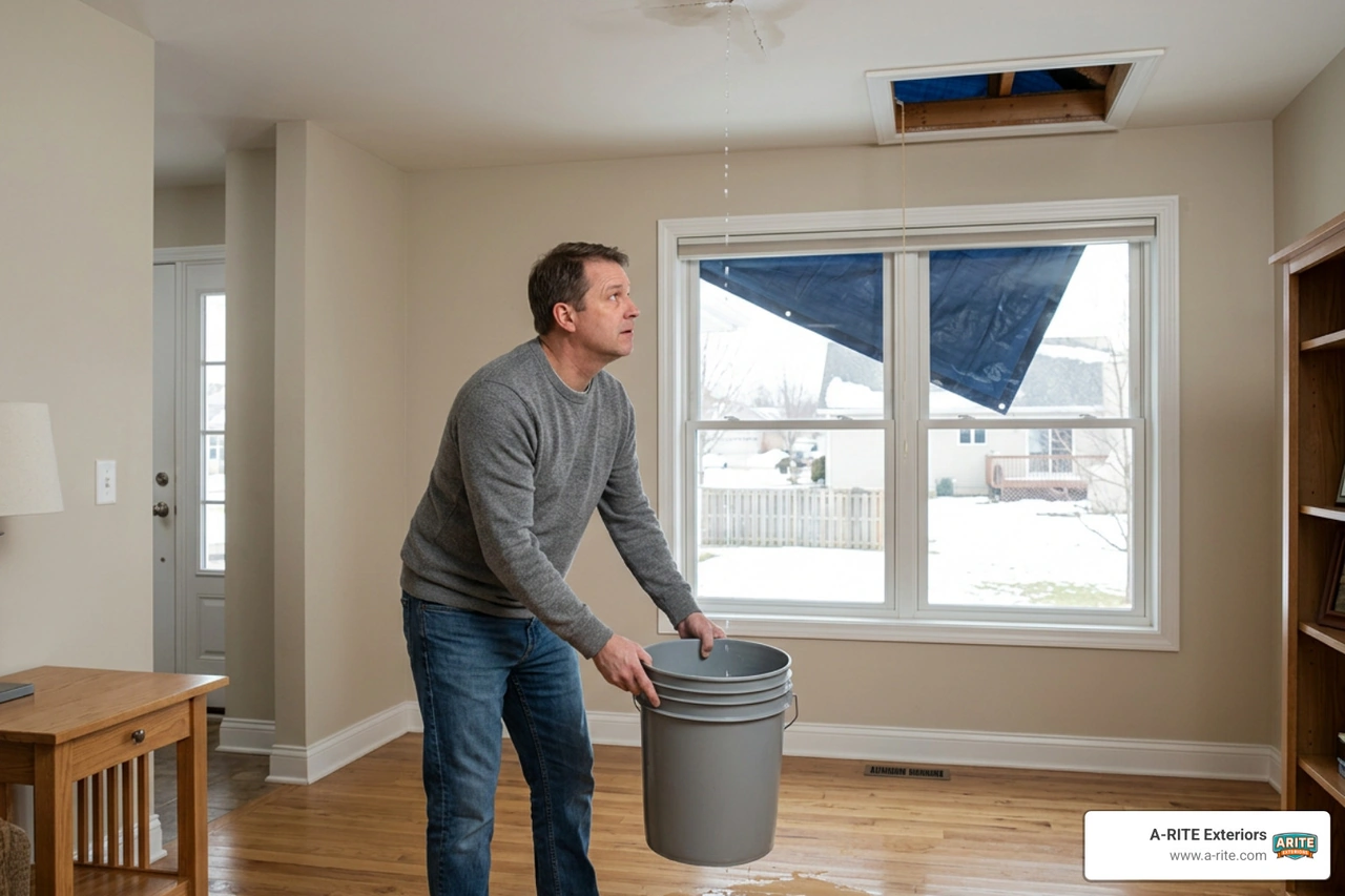 Homeowner placing a bucket under an active leak and securing a roof tarp Homeowner placing a bucket under an active leak and securing a roof tarp