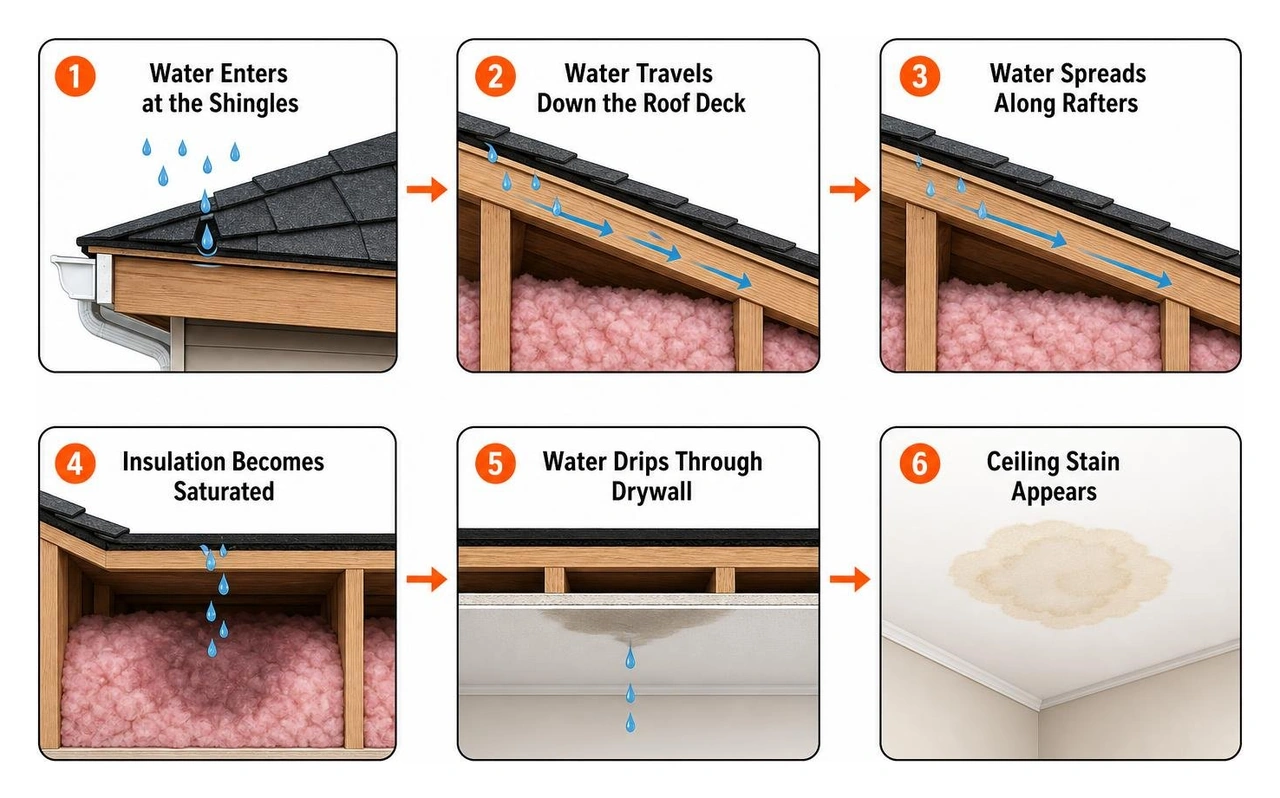 Diagram showing the hidden path of a roof leak from shingle entry to ceiling stain Diagram showing the hidden path of a roof leak from shingle entry to ceiling stain