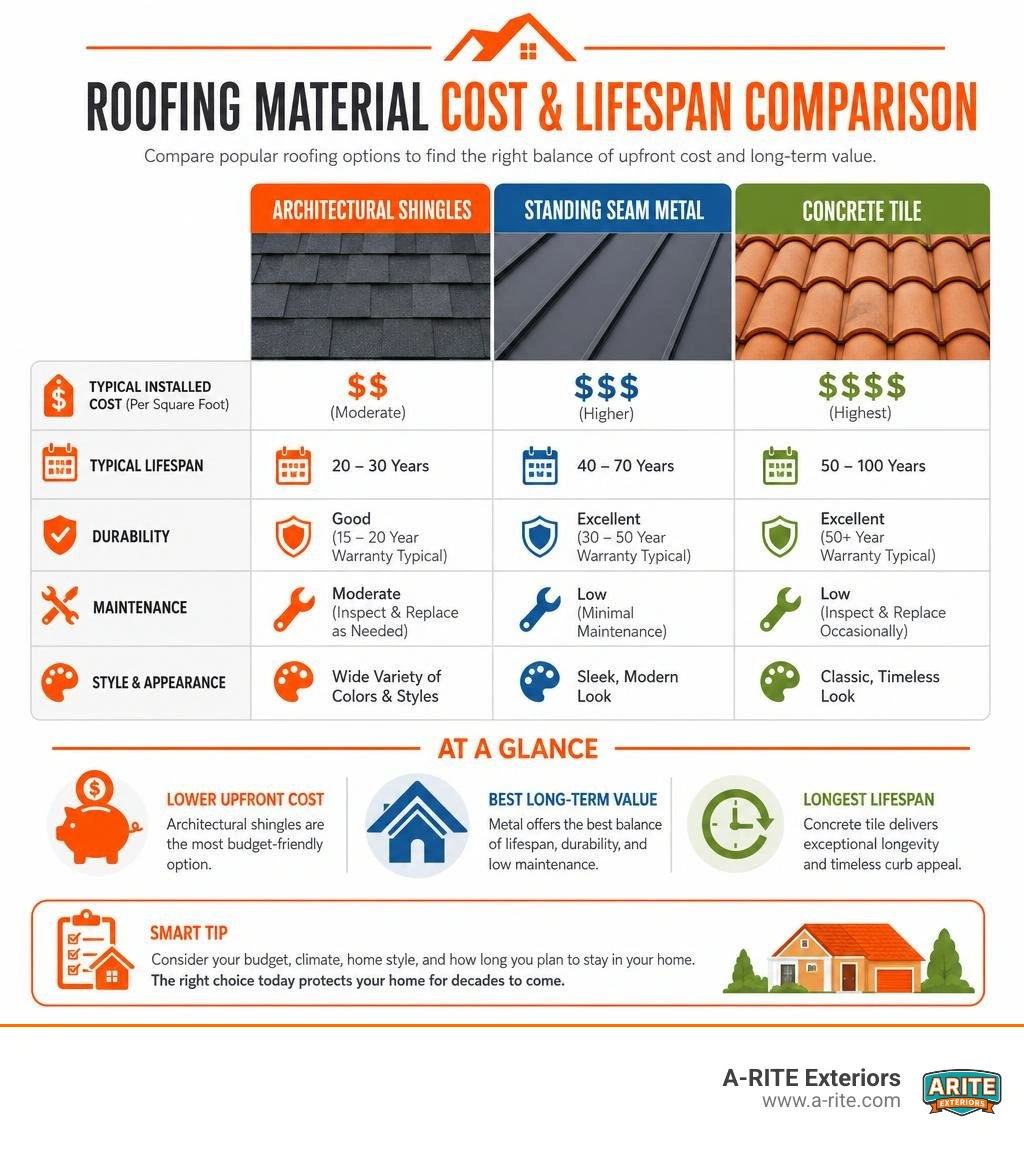 Table comparing architectural shingles, standing seam metal, and concrete tile costs and lifespans infographic Table comparing architectural shingles, standing seam metal, and concrete tile costs and lifespans infographic