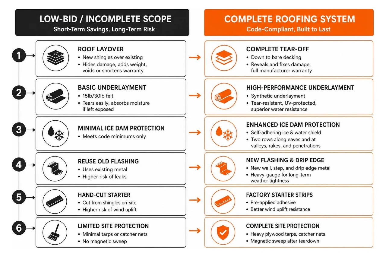 Diagram comparing low-bid incomplete scope versus a complete roofing system Diagram comparing low-bid incomplete scope versus a complete roofing system