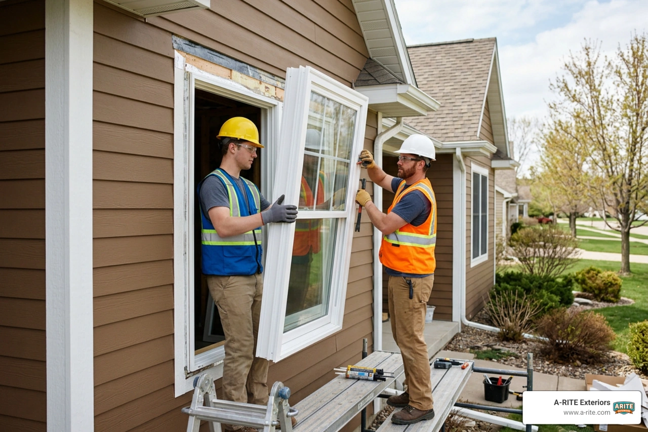 professional installers fitting a custom replacement window on a home exterior professional installers fitting a custom replacement window on a home exterior