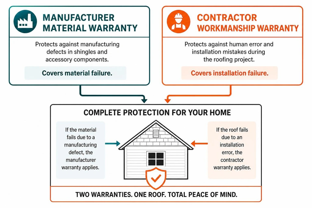 Diagram showing how manufacturer material warranties and contractor workmanship warranties combine to protect a home Diagram showing how manufacturer material warranties and contractor workmanship warranties combine to protect a home